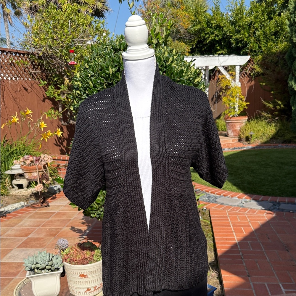 Chico's Black Open-Front Knit Short-Sleeve Cardigan Great with sleeveless dress
